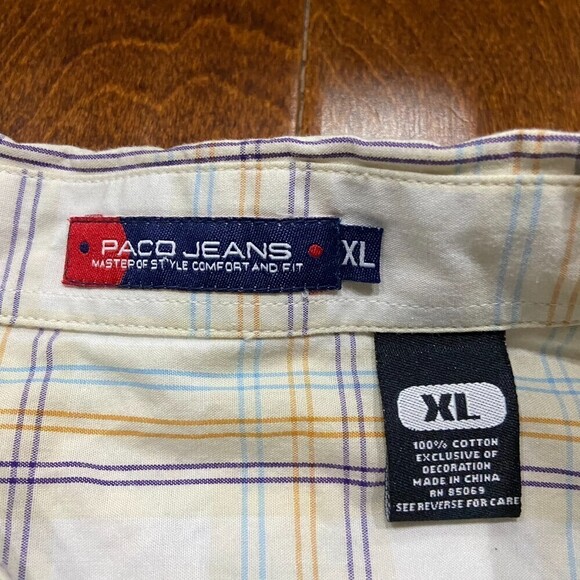 Paco Jeans Vintage Plaid Embroidered Button Down White Tan Blue Kids Size XL - Picture 9 of 11